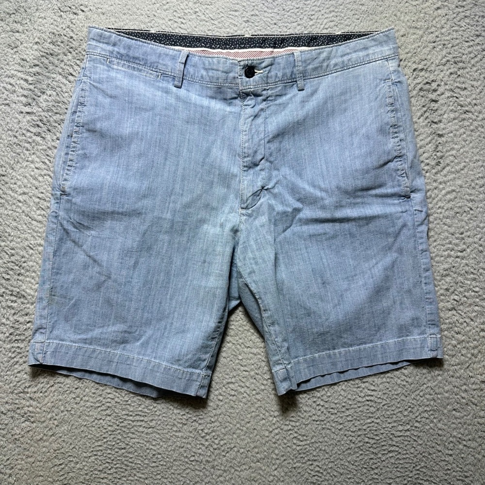 Cremieux Chambray Shorts Mens 36 Blue Flat Front Cotton Stretch Casual Resort